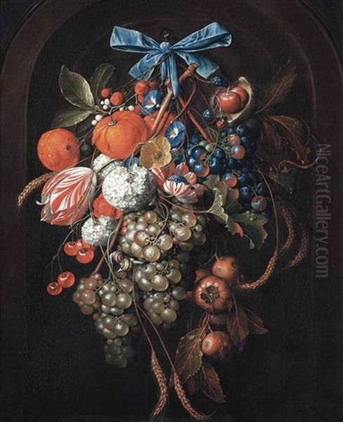 Hydrangeas, Morning Glories, A Parrot Tulip And Other Flowers With Grapes, Oranges, Cherries, Blackberries, Ears Of Corn, Loquats, And Chestnuts, With Two Snails, Hanging From A Blue Bow In A Feigned Arched Stone Niche - view 1
