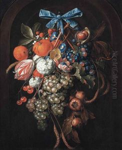 Hydrangeas, Morning Glories, A Parrot Tulip And Other Flowers With Grapes, Oranges, Cherries, Blackberries, Ears Of Corn, Loquats, And Chestnuts, With Two Snails, Hanging From A Blue Bow In A Feigned Arched Stone Niche by David Cornelisz Heem III