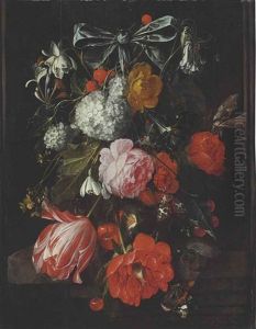 A Garland Of Roses, Poppies, A Tulip, Morning Glories, Honeysuckle, Columbine... by David Cornelisz Heem III