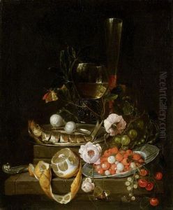 Stillleben Mit Einem Hering, Fruchten Und Rosen by David Cornelisz Heem III