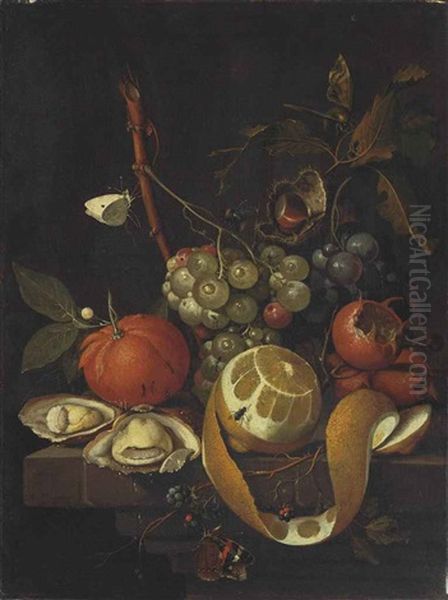 Grapes, A Lemon, Oysters, A Chestnut, Blackberries And Other Citrus Fruits On A Stone Ledge With Butterflies, A Fly, A Bee And Ants - view 1