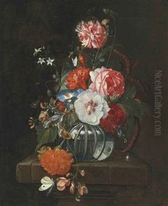 Flowers In A Glass Bowl On A Stone Ledge With Butterflies by David Cornelisz Heem III