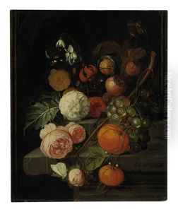 Roses, Lilies, Grapes, Oranges And Horse Chestnuts On A Stone Ledge With Butterflies, Ants And A Bee by David Cornelisz Heem III