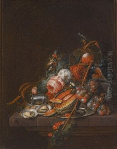 A Still Life Of Oysters, Grapes, Cherries, Roses, Corn, Snails, A Melon And A Silver Sugar Shaker On A Stone Plinth by David Cornelisz Heem III