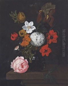 Corn Poppies, A Peony, A Chrysanthemum And Other Flowers, In A Glass Vase On A Stone Ledge by David Cornelisz Heem III