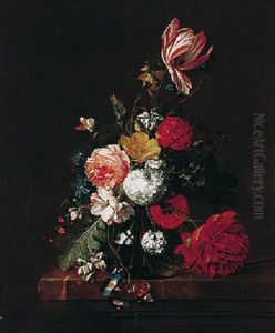 A Still Life Of Tulips, Roses, A Peony, And Honeysuckle In A Glass Vase With Butterflies, All On A Marble Ledge by David Cornelisz Heem III