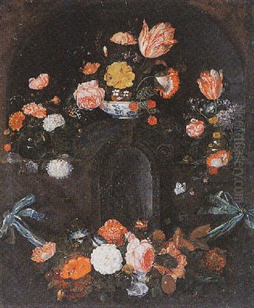 A Cartouche Surrounded By A Flower Garland With Tulips, Roses And Other Flowers - view 1