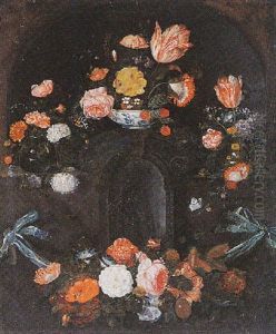 A Cartouche Surrounded By A Flower Garland With Tulips, Roses And Other Flowers by David Cornelisz Heem III