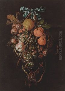 A Swag Of Medlars, Peaches, Grapes, Oranges, A Lemon, Horse Chestnuts, Snails And Ears Of Wheat Suspended From A Bow