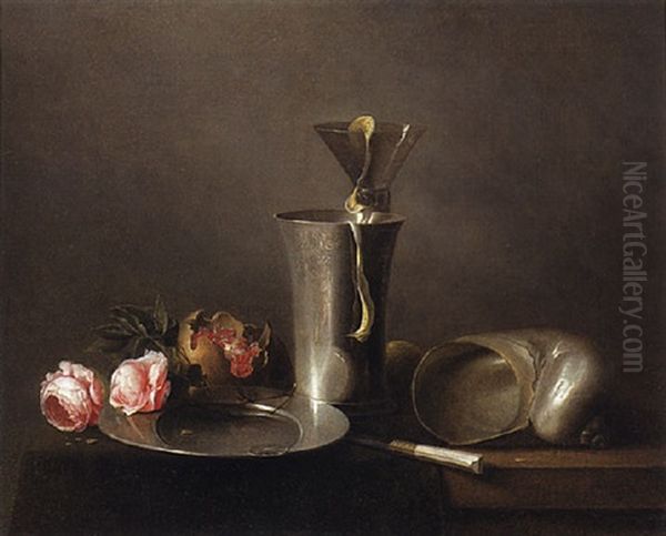 A Still Life With Roses, A Nautilus Shell, A Beaker And A Roemer With A Peeled Lemon And A Pomegranate On A Partially Draped Table - view 1