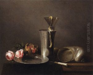 A Still Life With Roses, A Nautilus Shell, A Beaker And A Roemer With A Peeled Lemon And A Pomegranate On A Partially Draped Table by David Davidsz. de Heem the Younger