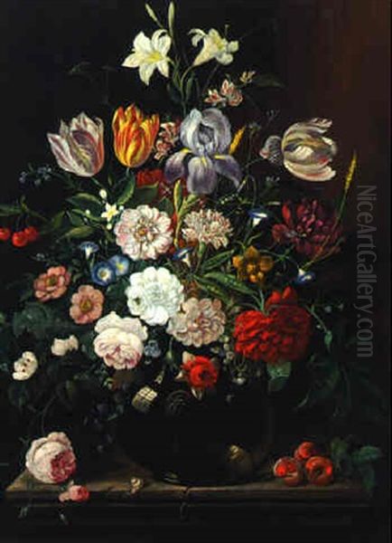 Mixed Flowers In A Glass Vase On A Ledge - view 1