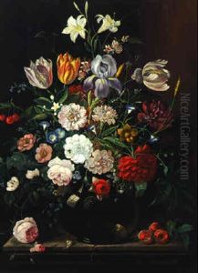 Mixed Flowers In A Glass Vase On A Ledge by David Davidsz. de Heem the Younger