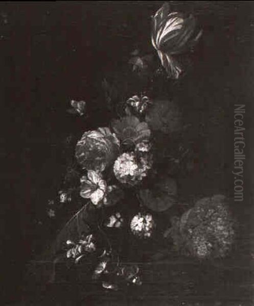 Tulip, Roses, Peonies, Morning Glory And Other Flowers In A Glass Bowl With Butterflies On A Ledge - view 1