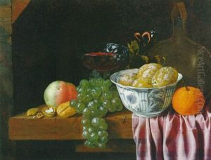 Still Life Of Fruit In A Blue And White Bowl, With Grapes,  Nuts, An Orange And Other Objects, All On A Draped Table