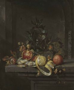Pomegranates, Chestnuts, A Walnut, An Orange, And A Partially Peeled Lemon, With Oysters And A Roemer<br/>, On A Stone Ledge, In A Niche