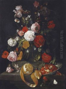 Roses, Poppies, Lillies And Other Flowers In A Glass Vase On A Stone Shelf, A Peeled Orange And Raspberries In A Wan Li Bowl On A Stone Ledge Below