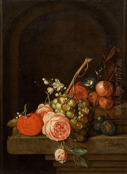 Stilleben Mit Blumen Und Fruchten Auf Einem Steinpodest - view 1