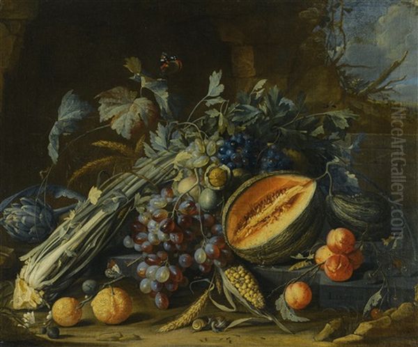 Still Life Of Fruit, Including A Melon, Grapes, Oranges And Peaches, Together With An Artichoke, Celery, Walnuts And Corn, Arranged On A Ledge With Butterflies And Snails Before A Stone Grotto In A Landscape - view 1