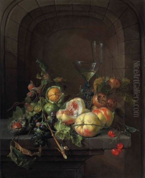 Peaches, Grapes, Medlars, Walnuts, A Hazelnut, Cherries, And Black Raspberries With A Snail, A Facon De Venise Glass Of Wine, And A Flute Glass On A Stone Ledge Before A Niche - view 1