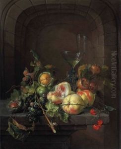 Peaches, Grapes, Medlars, Walnuts, A Hazelnut, Cherries, And Black Raspberries With A Snail, A Facon De Venise Glass Of Wine, And A Flute Glass On A Stone Ledge Before A Niche by Cornelis De Heem