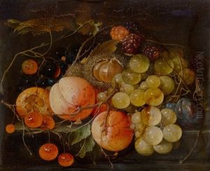 Still Life Of Fruits With Peaches And Grapes On A Stone Slab by Cornelis De Heem