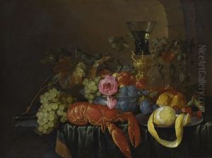 Still Life With A Lobster, A Peeled Lemon On A Pewter Plater, A Roemer, And Fruits On A Stone Ledge With A Green Drape