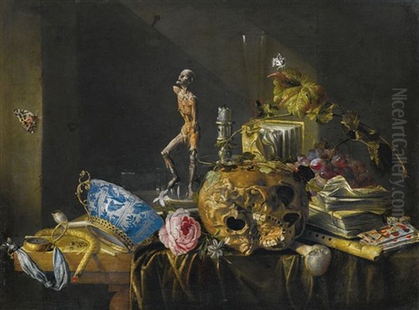 A Vanitas Still Life With A Skull And An Ecorche, On A Draped Table - view 1