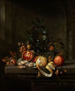 Stillleben Mit Fruchten, Austern Und Einem Romer by Cornelis De Heem