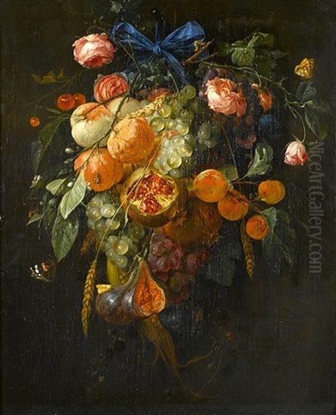 Guirlande De Roses Et Fruits, Insectes Et Papillons Retenue Par Un Ruban Bleu - view 1