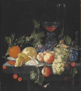 Grapes, Oysters, A Partially Peeled Lemon, Peaches, And Other Fruit, With A Facon De Venise Glass Of Wine And Another Glass On A Stone Ledge by Cornelis De Heem