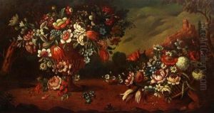 An Urn Of Flowers Alongside A Basket Of Flowers, A Landscape Beyond by Cornelis De Heem