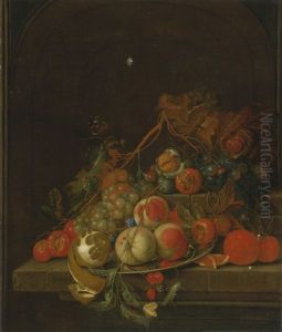 Still Life Of Peaches, Grapes, A Lemon, Oranges And Other Fruit On A Pewter Plate Resting On A Stone Ledge With Nuts, A Grasshopper And A Butterfly, All In A Niche by Cornelis De Heem