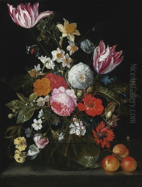 Still Life Of Flowers In A Glass Vase On A Stone Ledge - view 1