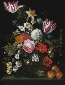 Still Life Of Flowers In A Glass Vase On A Stone Ledge by Cornelis De Heem