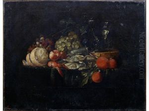 A Roemer Of White Wine With A Peeled Lemon, Grapes And Oysters On A Draped Table-top by Cornelis De Heem