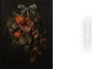 White Grapes, Oranges, A Pomegranate, Figs, Plums And Chestnuts Tied With A Blue Ribbon And Attached To A Nail by Cornelis De Heem