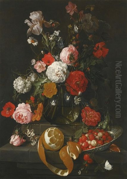 A Still Life Of Roses, Poppies, Lillies And Other Flowers In A Glass Vase On A Marble Shelf - view 1