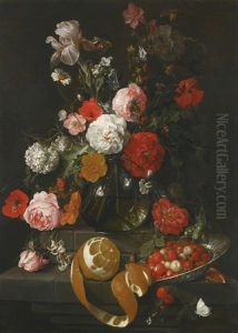 A Still Life Of Roses, Poppies, Lillies And Other Flowers In A Glass Vase On A Marble Shelf A Still Life Of Roses, Poppies, Lillies And Other Flowers In A Glass Vase On A Marble Shelf