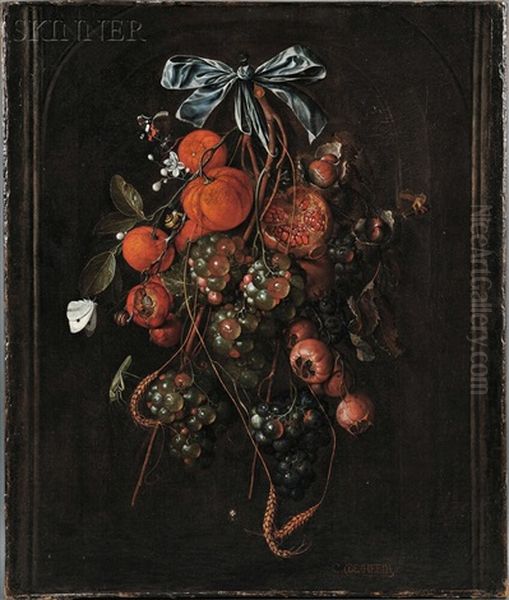 Autumn Still Life With Pomegranates, Chestnuts, Oranges, White And Red Grapes, Plums, Wheat, And Insects - view 1
