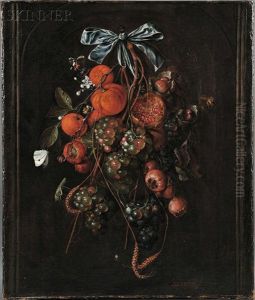 Autumn Still Life With Pomegranates, Chestnuts, Oranges, White And Red Grapes, Plums, Wheat, And Insects by Cornelis De Heem