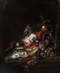 Nature Morte D'huitres, Raisins, Melon, Cerises Et Roses Sur Un Entablement by Cornelis De Heem