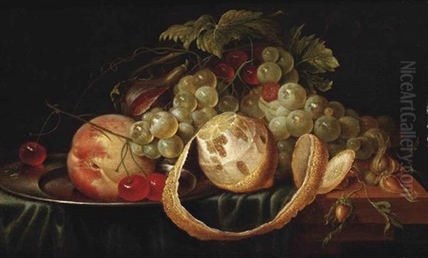 A Lemon, White Grapes, A Peach And Cherries On A Pewter Plate, A Fig And Hazelnuts, All On A Partially Draped Stone Ledge - view 1