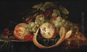 A Lemon, White Grapes, A Peach And Cherries On A Pewter Plate, A Fig And Hazelnuts, All On A Partially Draped Stone Ledge by Cornelis De Heem