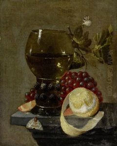Stilleben Mit Trauben, Romer Und Zitrone Auf Einer Steinplinthe by Cornelis De Heem