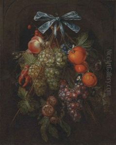 A Swag Of Grapes, Peaches, Tangerines, Chillies, Morning Glory, Blackberries And Other Fruits Hanging From A Bow, In A Stone Niche by Cornelis De Heem