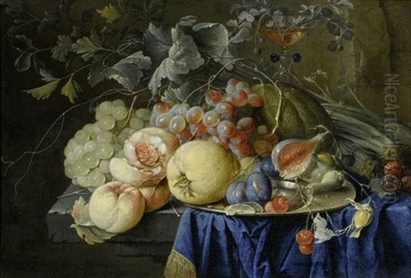 Stilleben Mit Pfirsichen, Trauben, Pflaumen, Kirschen, Nussen, Einer Melone, Sellerie, Einem Zinnteller Und Einem Facon-de-venise Glas Auf Einer Tischplatte - view 1