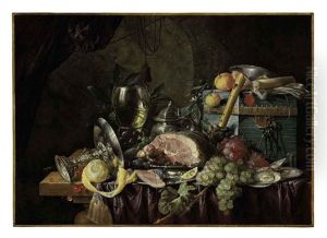 A Ham On A Pewter Plate, Grapes, Berries, Plums, Lemons, And Oysters With A Roemer, Tazza, Pitcher, Wan-li Porcelein Dish, Recorder, Book... by Cornelis De Heem