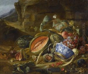 Fruchtestilleben Mit Pfirsichen, Trauben Und Kirschen In Einer Schale, Mit Insekten Und Schmetterlingen Vor Einer Grotte by Cornelis De Heem