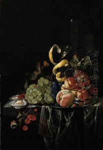 A Facon De Venise Wine Glass With Lemon Peel, Grapes, Peaches, Plums, Cherries And Oysters On A Partly Draped Ledge by Cornelis De Heem